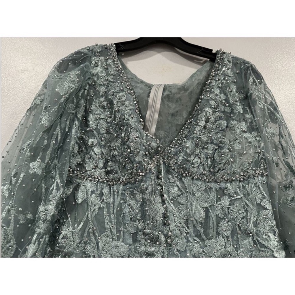 Mac Duggal 20512 Green V-Neck Mesh Puff Sleeve Embellished Tea Length Dress 6 - Picture 3 of 7